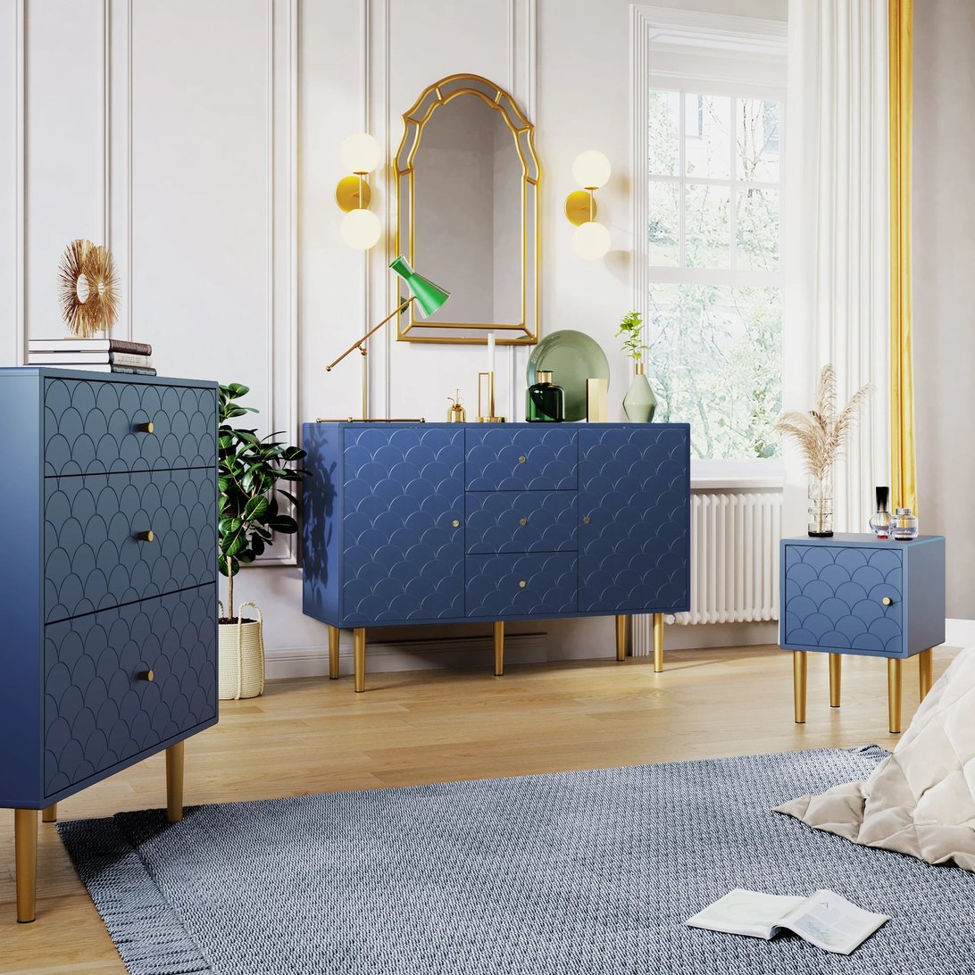 Collection de meubles art déco TavovaT en bleu royal avec motifs écailles, pieds dorés, parfaite pour un intérieur élégant et moderne