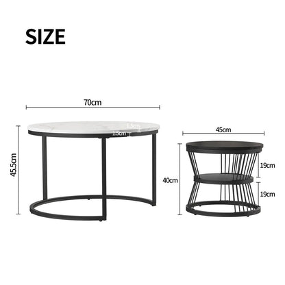 Schéma technique des dimensions de tables basses TavovaT, plateau en marbre blanc avec structure métallique noire, design moderne et élégant