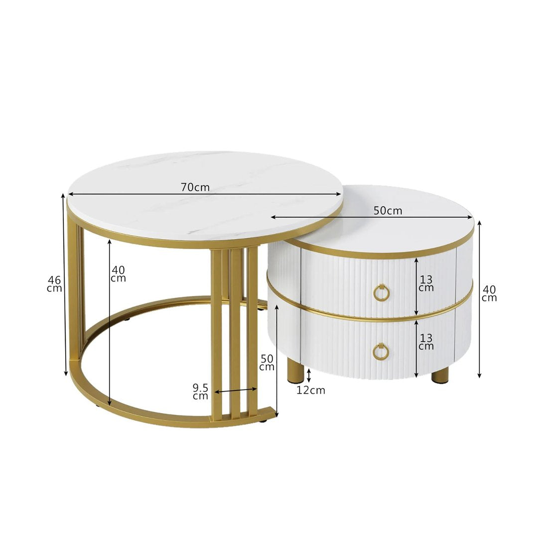 Tables basses gigognes TavovaT design luxe, plateau effet marbre blanc, structure dorée, avec tiroirs cannelés, mesures techniques détaillées