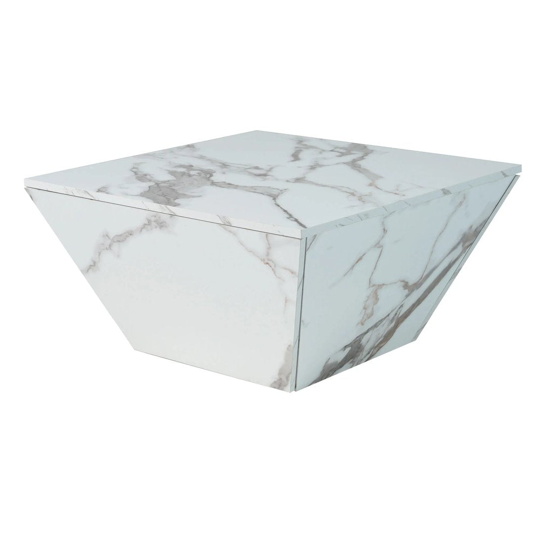 Table basse effet marbre blanc TavovaT au design trapézoïdal moderne, finition luxueuse avec veinures grises, parfaite pour salon contemporain