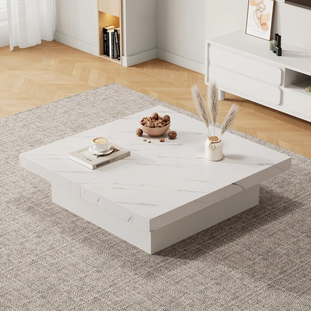 Table basse effet marbre blanc TavovaT style minimaliste moderne, design épuré avec décorations scandinaves dans un salon contemporain