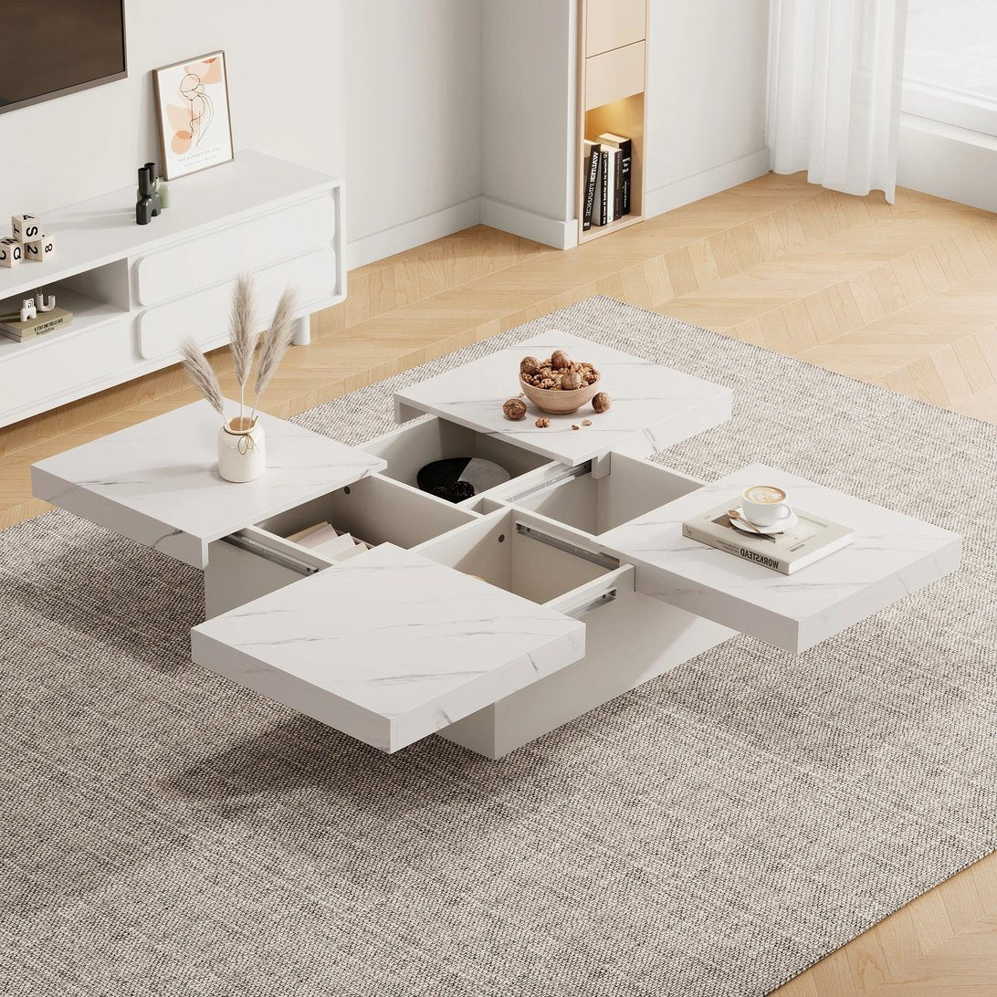 Table basse modulable TavovaT en marbre blanc avec rangements intégrés, design contemporain pour salon moderne, plateaux coulissants