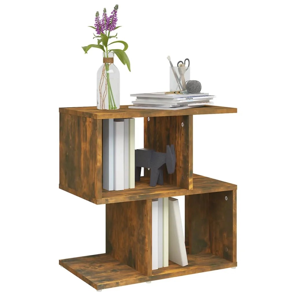 Table basse modulaire TavovaT en bois rustique avec étagères décalées, design moderne pour salon, accessoires décoratifs et vase de fleurs