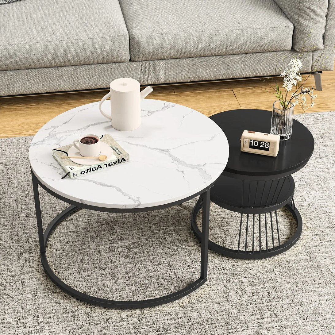 Table basse ronde effet marbre blanc avec structure noire, accompagnée d'une table d'appoint noire, collection moderne TavovaT pour salon contemporain