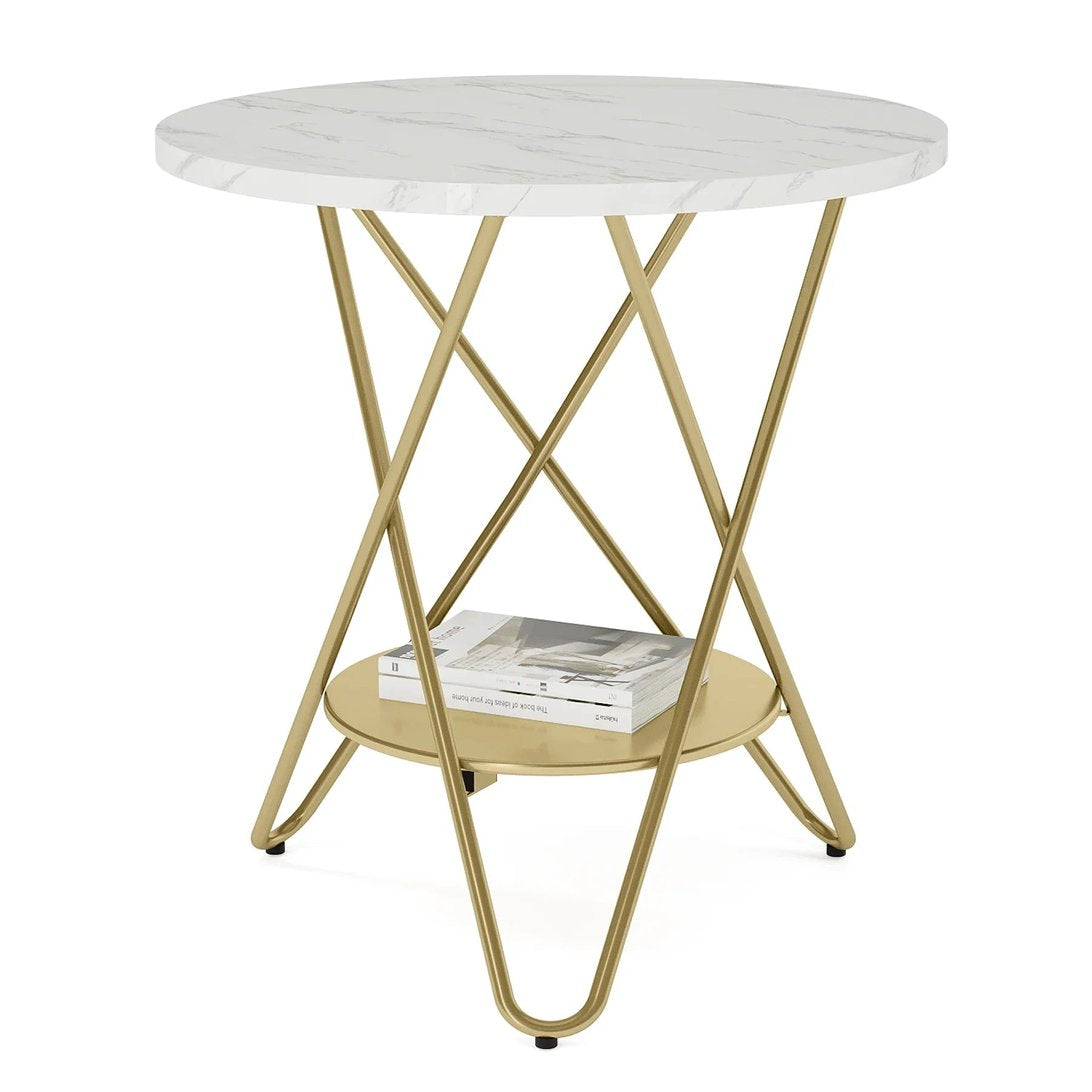 Table basse ronde TavovaT effet marbre blanc avec pieds croisés dorés et double plateau, style luxueux et moderne pour salon élégant