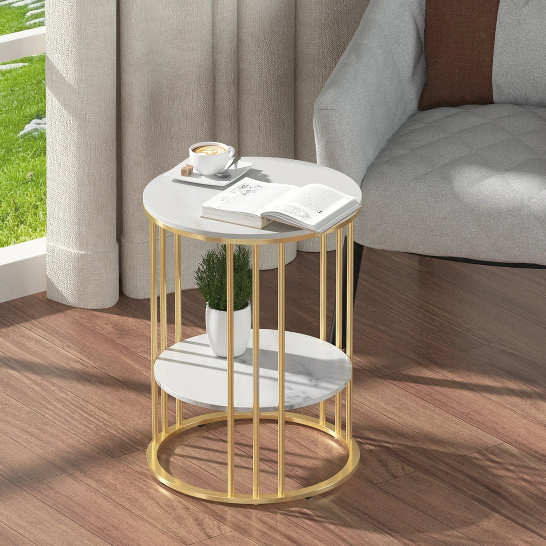 Table basse ronde TavovaT en marbre blanc avec structure dorée, design moderne et élégant, parfaite pour salon contemporain avec double plateau