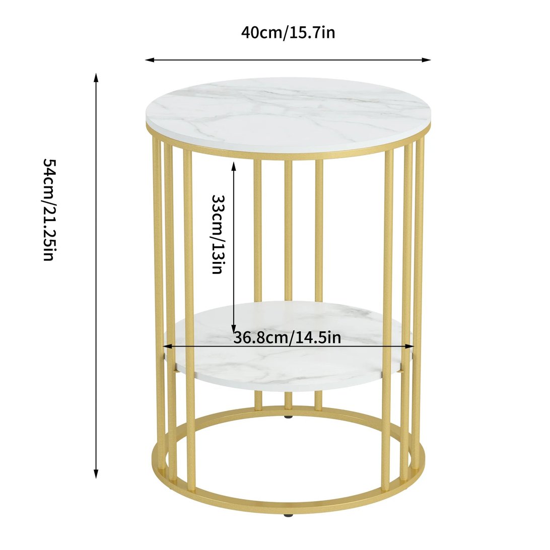 Table basse ronde TavovaT avec plateau effet marbre blanc, structure dorée élégante et tablette inférieure, design moderne pour salon