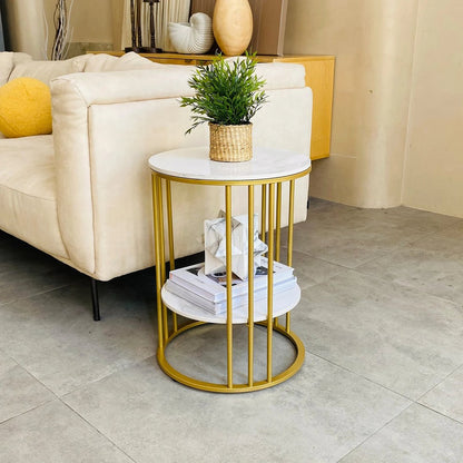 Table basse ronde TavovaT à double plateau en marbre blanc avec structure dorée, style moderne et élégant, parfaite pour salon contemporain