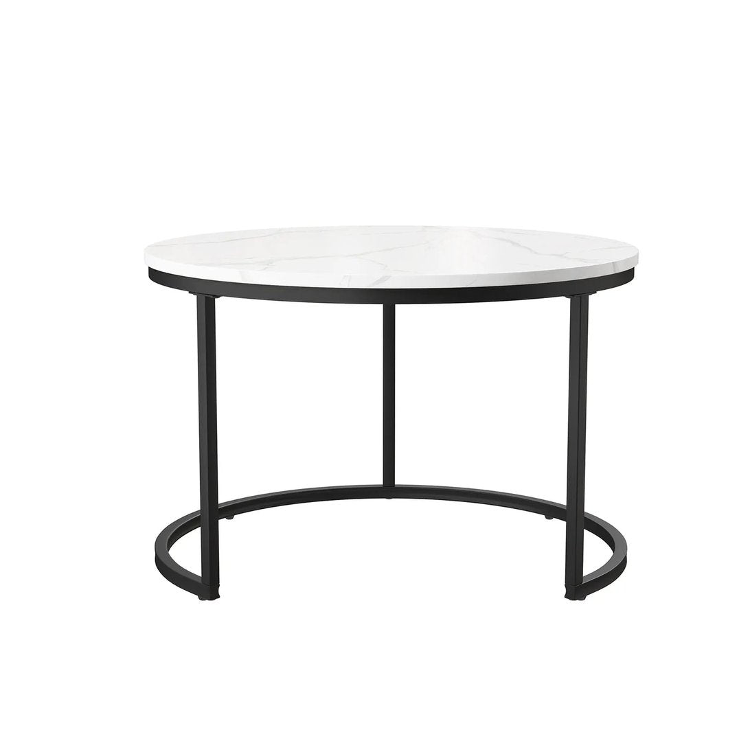 Table basse ronde TavovaT avec plateau effet marbre blanc et piètement circulaire noir, design contemporain pour salon moderne