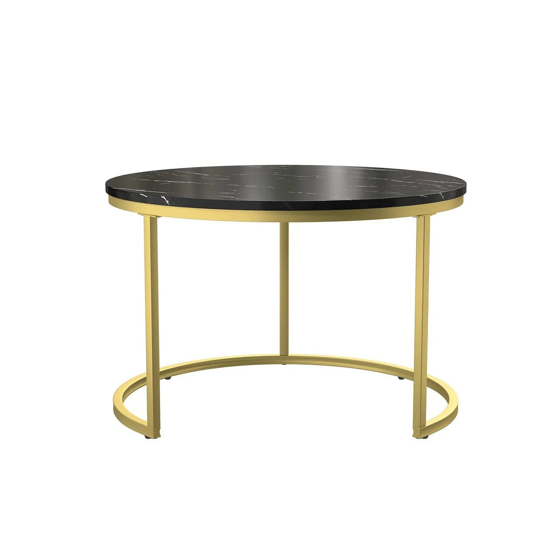 Table basse ronde TavovaT en marbre noir avec piètement doré circulaire, style luxueux et moderne pour salon élégant