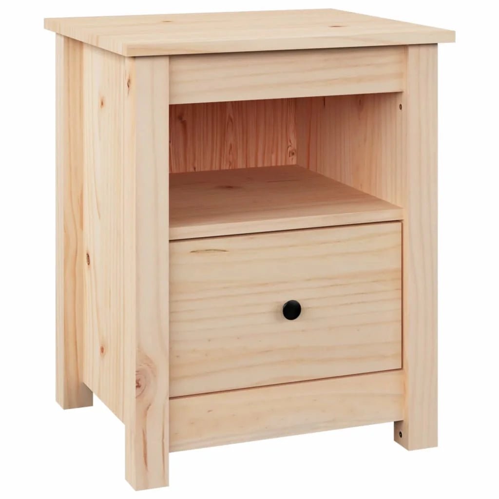 Table de chevet TavovaT en pin naturel non traité avec tiroir et niche de rangement, style scandinave minimaliste, bouton noir mat