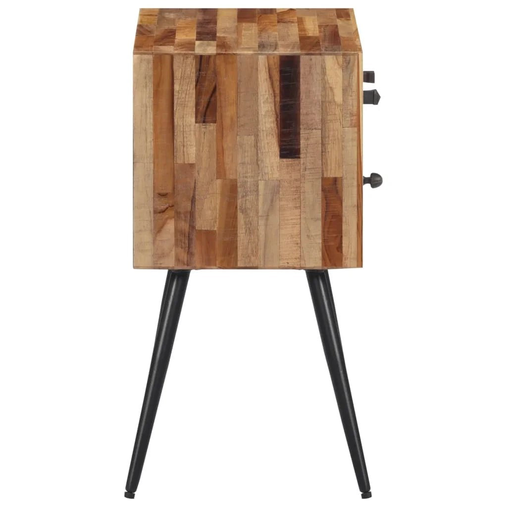 Table de chevet TavovaT en bois recyclé avec motif mosaïque et pieds métalliques noirs, design scandinave moderne pour chambre à coucher