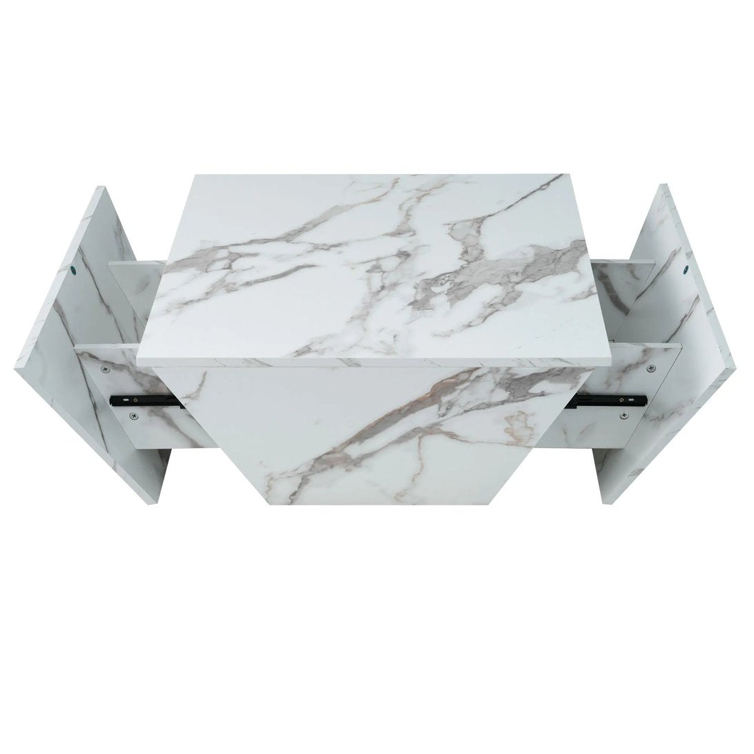 Table de chevet flottante effet marbre blanc de TavovaT avec tiroirs ouverts, design moderne et épuré pour chambre contemporaine