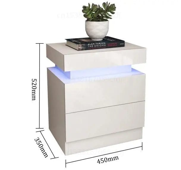 Table de chevet moderne TavovaT avec éclairage LED intégré, 2 tiroirs blanc laqué, dimensions 520x450x390mm, design minimaliste pour chambre contemporaine