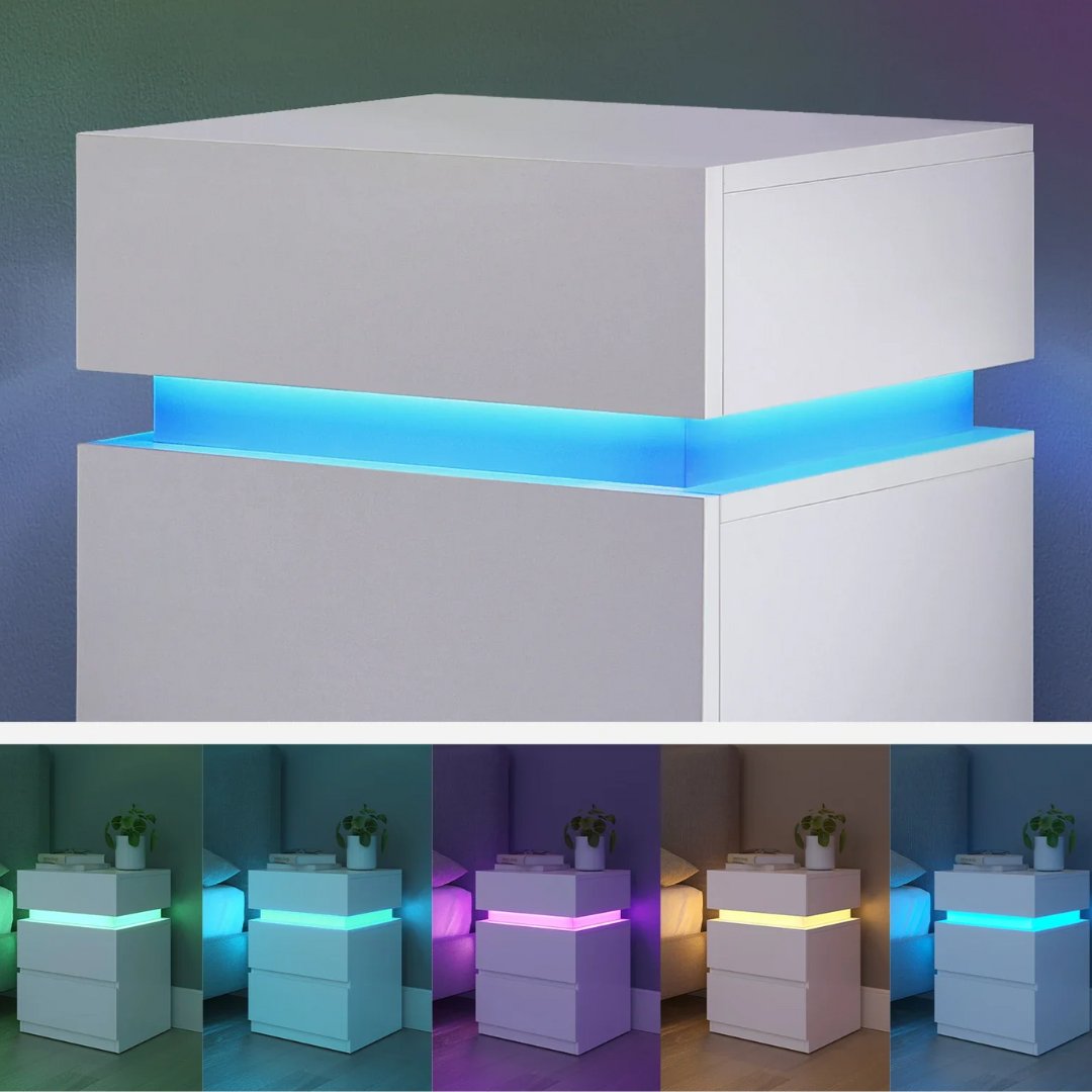 Table de chevet design LED multicolore TavovaT, meuble blanc mat avec éclairage RGB intégré, parfaite pour une ambiance moderne et personnalisable