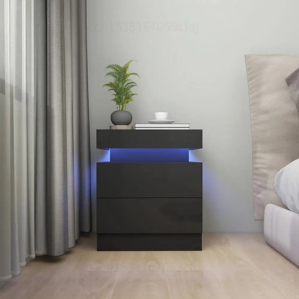 Table de chevet moderne noire avec éclairage LED bleu de TavovaT, design minimaliste et élégant pour chambre contemporaine