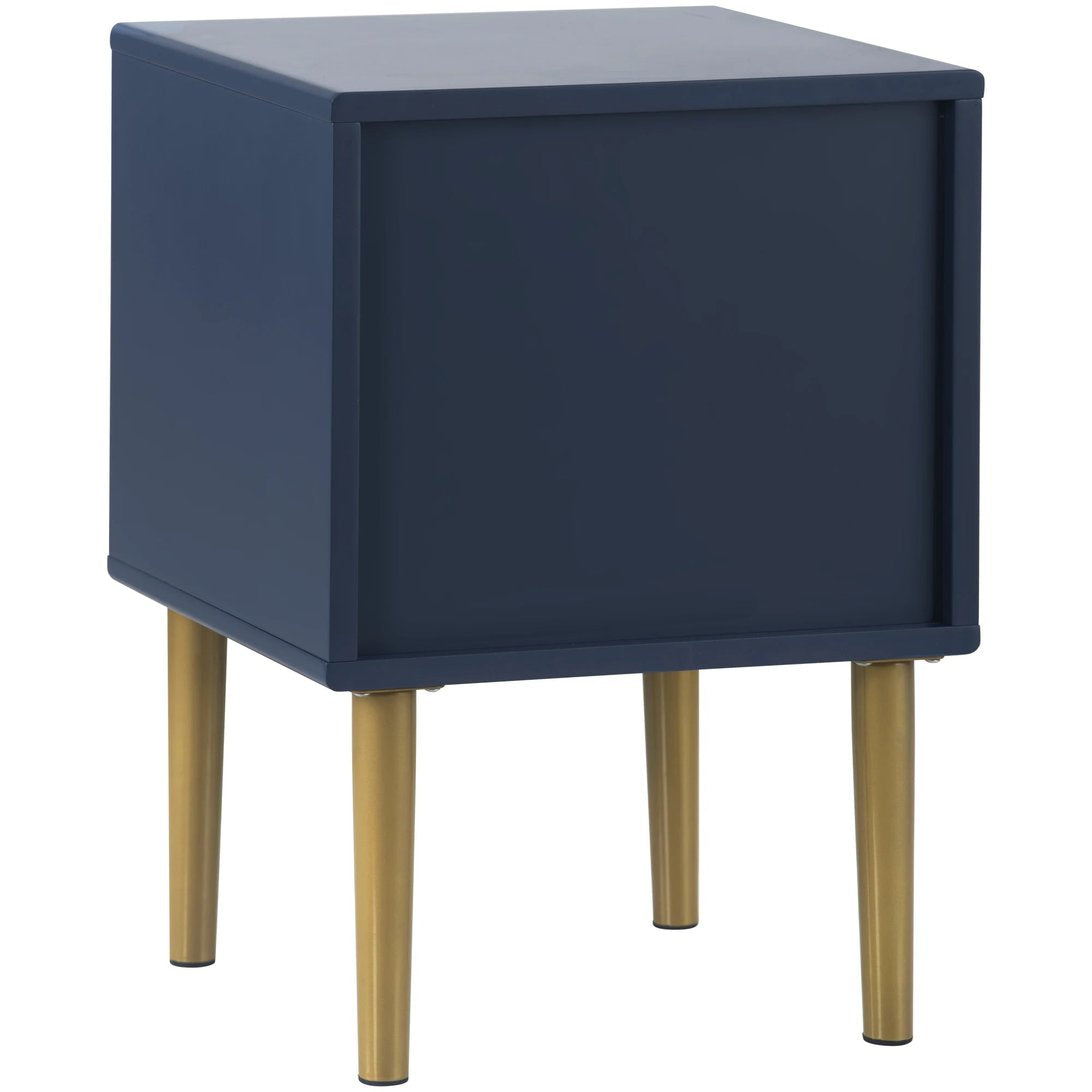 Table de chevet moderne TavovaT en bleu marine avec pieds dorés, design cubique élégant, meuble de chambre contemporain minimaliste