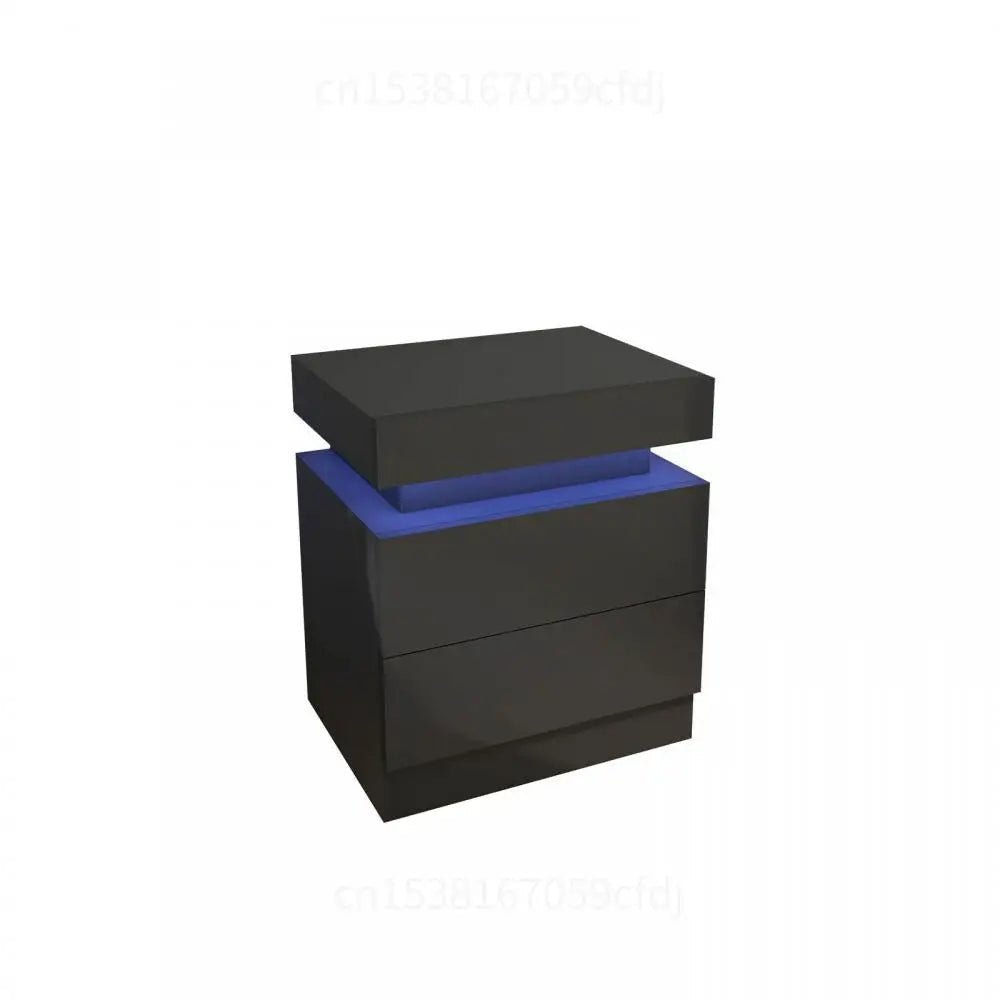 Table de chevet design TavovaT avec LED bleue intégrée, finition noir mat et 2 tiroirs, meuble contemporain pour chambre moderne