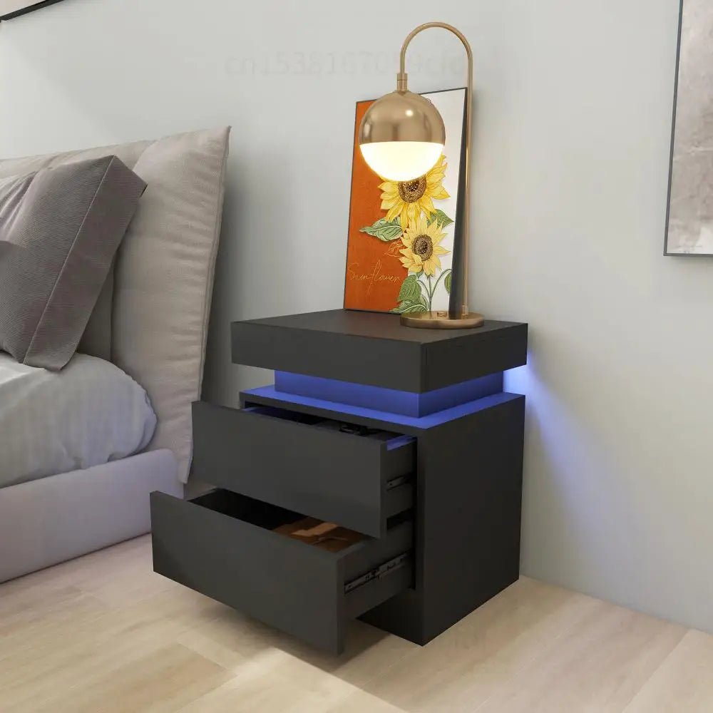 Table de chevet moderne TavovaT avec LED bleue intégrée, 2 tiroirs gris anthracite et lampe dorée décorative, parfaite pour chambre contemporaine