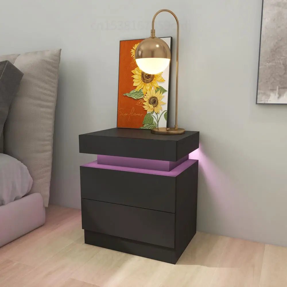 Table de chevet flottante TavovaT avec LED intégrée, 2 tiroirs noir mat, lampe dorée et décoration tournesol, design moderne pour chambre