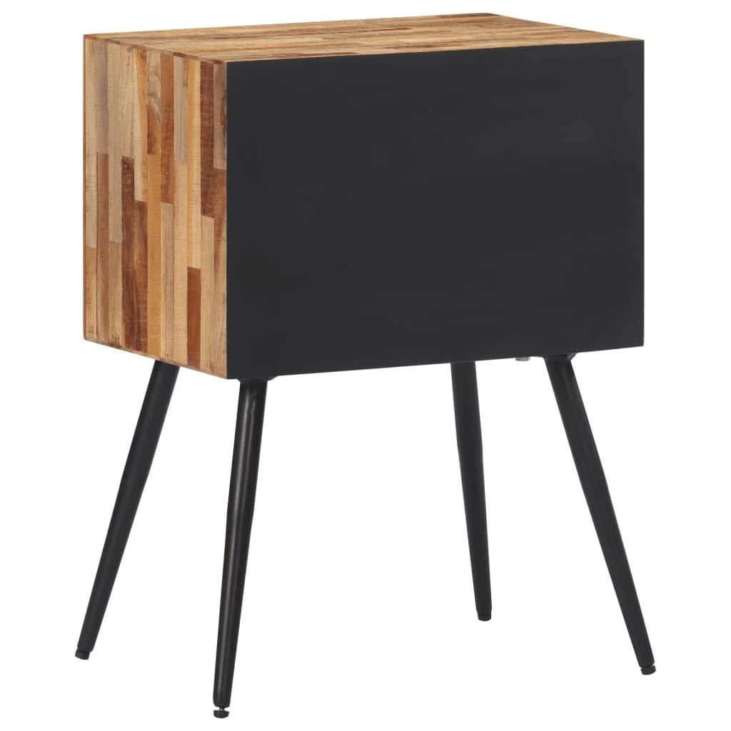 Table de chevet TavovaT design scandinave en bois recyclé et métal noir, meuble de chambre moderne avec pieds fins inclinés