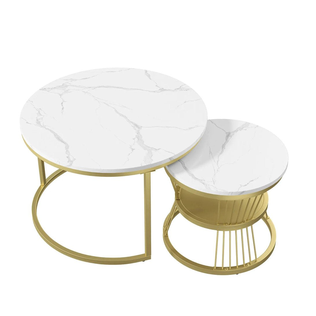 Tables basses gigognes TavovaT au design luxueux avec plateau effet marbre blanc et structure dorée, parfaites pour un salon moderne et élégant