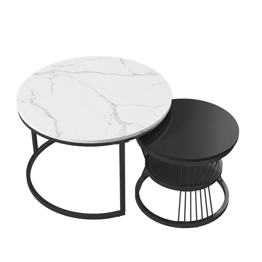 Tables basses gigognes TavovaT effet marbre et noir, design moderne avec plateau rond et piètement métallique noir, style contemporain