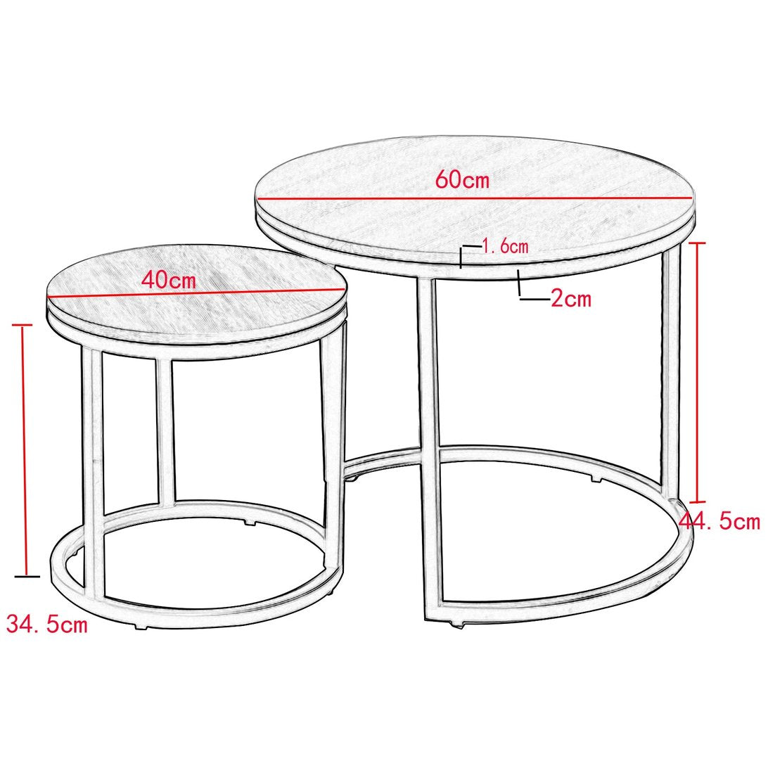 Schéma technique des tables basses gigognes rondes TavovaT avec dimensions détaillées, structure métallique et plateaux circulaires de 60cm et 40cm