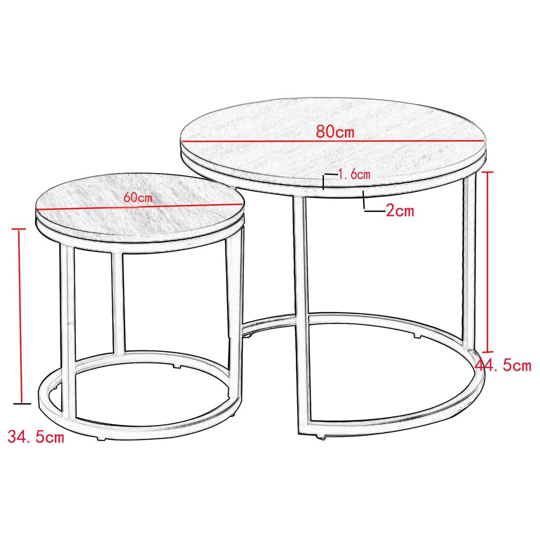 Schéma technique des tables basses gigognes TavovaT avec dimensions détaillées, plateaux ronds 80cm et 60cm, structure métal minimaliste