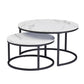 Set de 2 tables basses gigognes rondes TavovaT en effet marbre blanc et piètement métal noir, style moderne et minimaliste