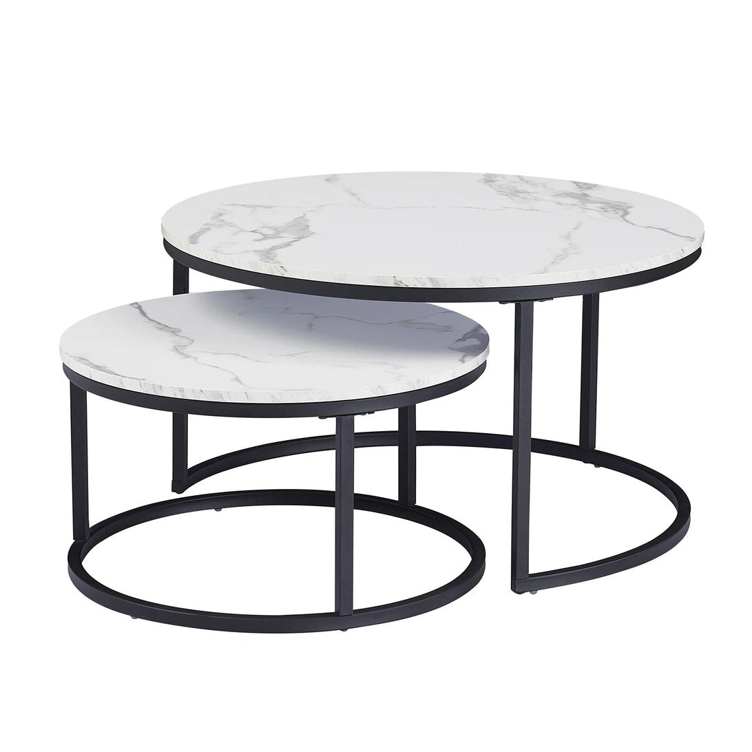 Set de 2 tables basses gigognes rondes TavovaT en effet marbre blanc et piètement métal noir, style moderne et minimaliste